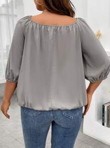 Calvaya Plus Knot Front Lantern Sleeve Blouse