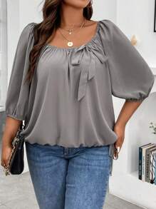 Calvaya Plus Knot Front Lantern Sleeve Blouse