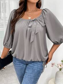 Calvaya Plus Knot Front Lantern Sleeve Blouse
