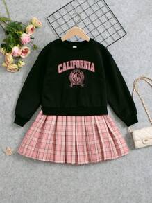 SHEIN Tween Girl Plaid & Letter Graphic 2 In 1 Sweatshirt Dress - Black - View 1