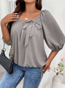 Calvaya Plus Knot Front Lantern Sleeve Blouse