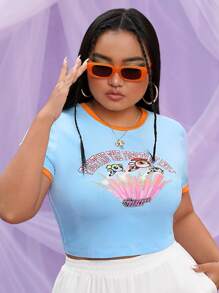THE POWERPUFF GIRLS X SHEIN Talla grande Camiseta crop con estampado de letra unido en contraste - Celeste - Ver 1