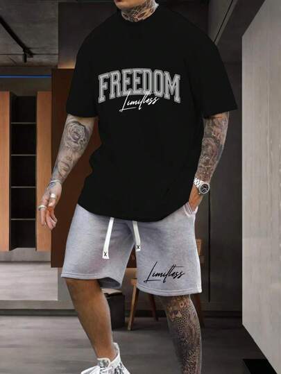 Guys Letter Graphic Tee & Drawstring Waist Shorts