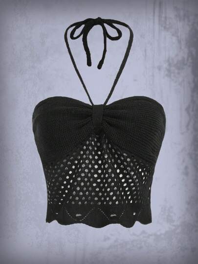 Goth Top de punto unicolor con abertura halter