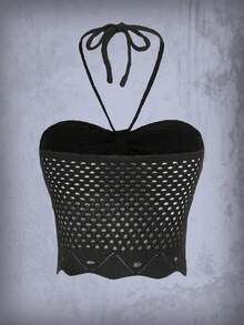 ROMWE Goth Solid Hollow Out Halter Knit Top - Black - View 2