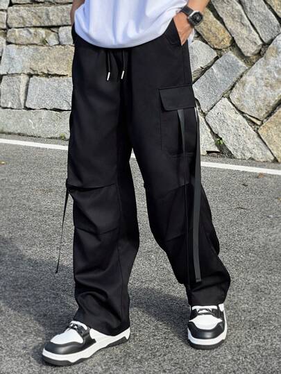 Hombres Pantalones cargo con bolsillo lateral con solapa de cintura con cordón