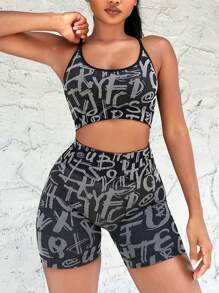 Ensemble De Sport À Lettres À Liseré Contrastant - Noir - Voir 1