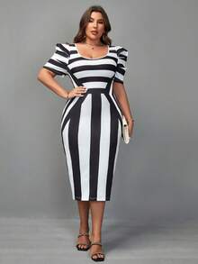 SHEIN Clasi Plus Striped Print Puff Sleeve Bodycon Dress - Black and White - View 2