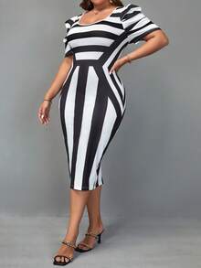 SHEIN Clasi Plus Striped Print Puff Sleeve Bodycon Dress - Black and White - View 3