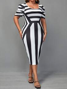 SHEIN Clasi Plus Striped Print Puff Sleeve Bodycon Dress - Black and White - View 1