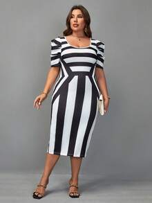 SHEIN Clasi Plus Striped Print Puff Sleeve Bodycon Dress - Black and White - View 6