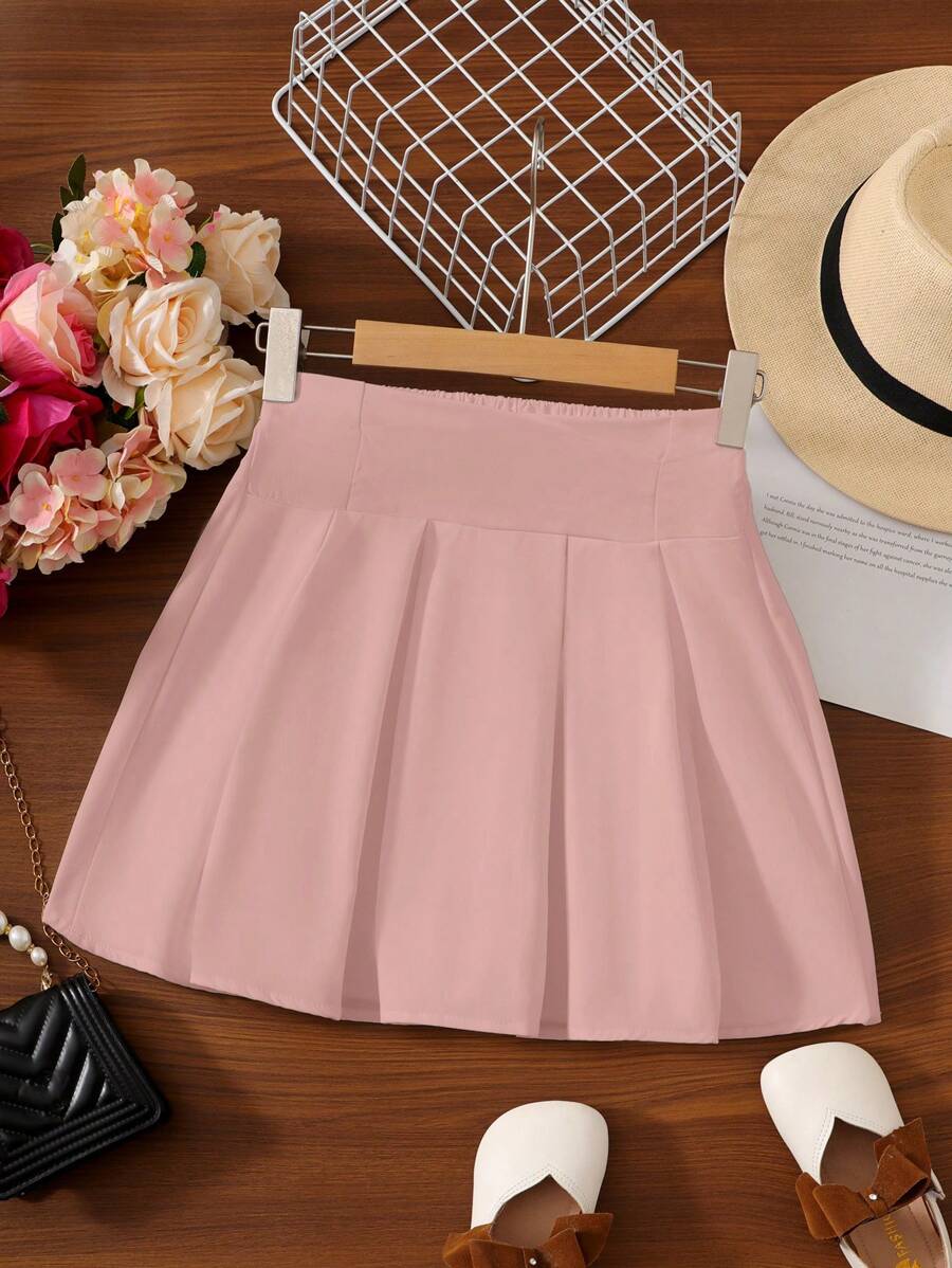 SHEIN Cô gái Tween Chất rắn Chân Váy xếp ly - Hồng - Xem 1
