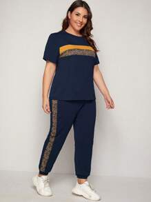SHEIN LUNE Plus Contrast Leopard Print Tee & Sweatpants, Summer - Navy Blue - View 3