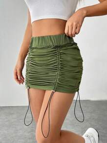 SHEIN EZwear Drawstring Side Ruched Bodycon Skirt - Army Green - View 7