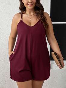SHEIN LUNE Plus Solid Slant Pocket Cami Romper - Burgundy - View 1