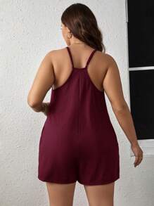 SHEIN LUNE Plus Solid Slant Pocket Cami Romper - Burgundy - View 2