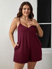 SHEIN LUNE Plus Solid Slant Pocket Cami Romper - Burgundy - View 4