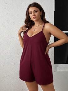SHEIN LUNE Plus Solid Slant Pocket Cami Romper - Burgundy - View 5