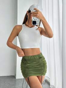 SHEIN EZwear Drawstring Side Ruched Bodycon Skirt - Army Green - View 6