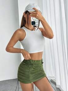 SHEIN EZwear Drawstring Side Ruched Bodycon Skirt - Army Green - View 8