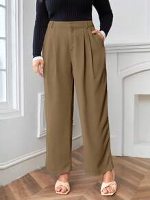 SHEIN LUNE Plus Solid Slant Pocket Wide Leg Suit Trousers - Mocha Brown - View 1