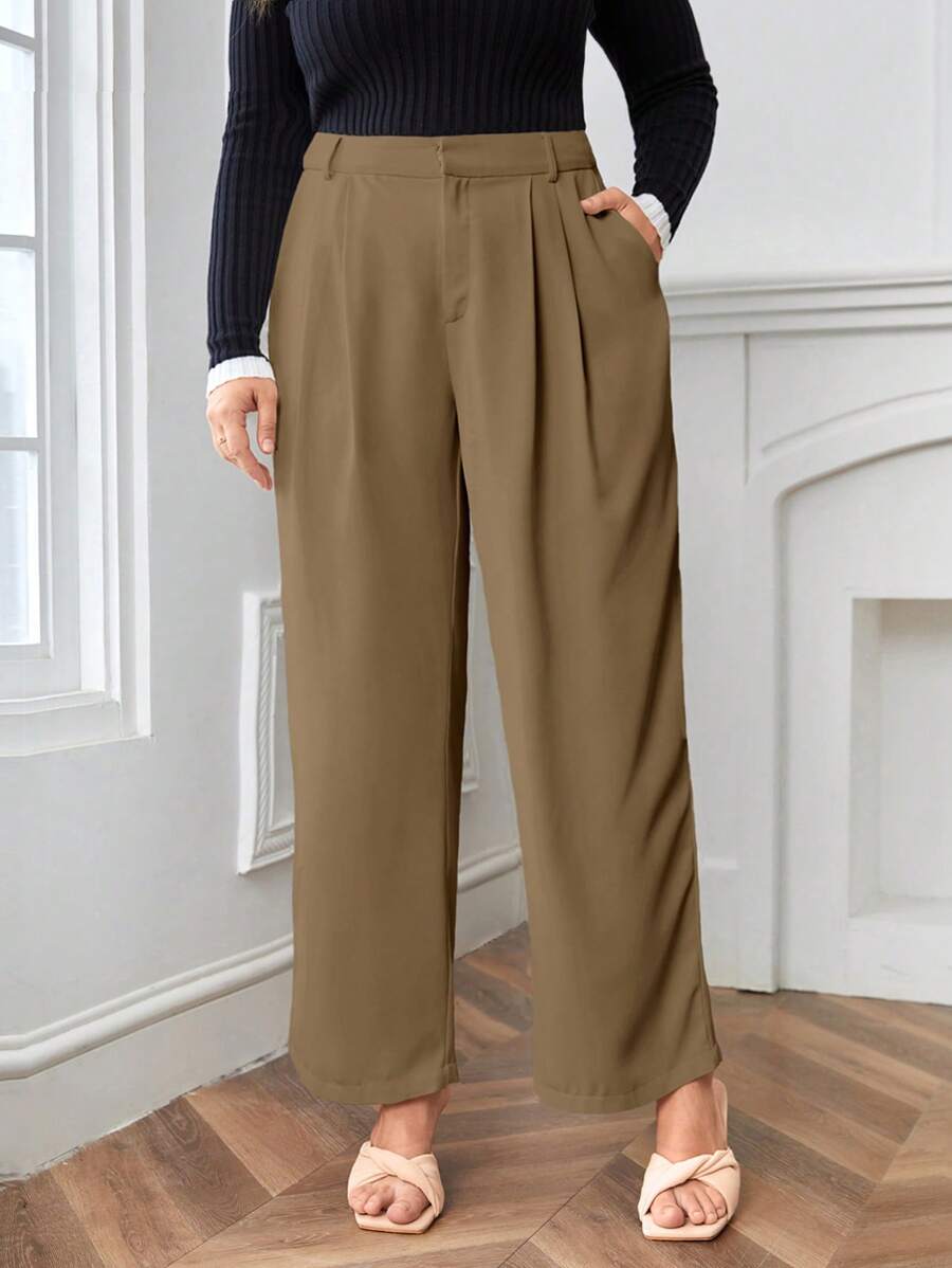 SHEIN LUNE Plus Solid Slant Pocket Wide Leg Suit Trousers - Mocha Brown - View 1