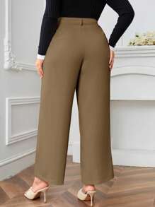 SHEIN LUNE Plus Solid Slant Pocket Wide Leg Suit Trousers - Mocha Brown - View 2