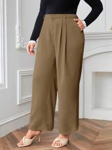 SHEIN LUNE Plus Solid Slant Pocket Wide Leg Suit Trousers - Mocha Brown - View 3