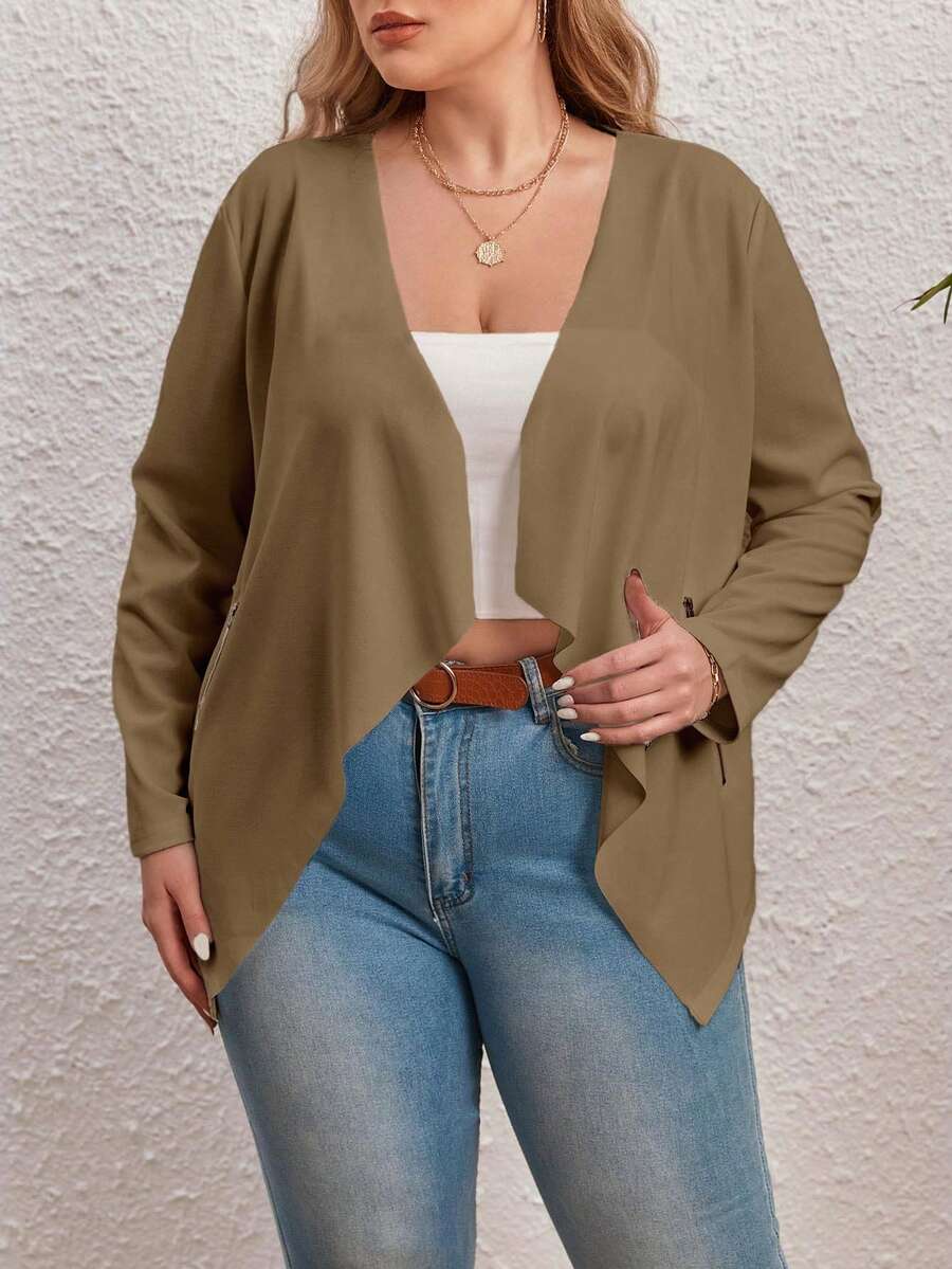 SHEIN LUNE Plus 1pc Solid Open Front Coat - Khaki - View 1