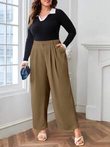 SHEIN LUNE Plus Solid Slant Pocket Wide Leg Suit Trousers - Mocha Brown - View 4