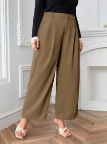 SHEIN LUNE Plus Solid Slant Pocket Wide Leg Suit Trousers - Mocha Brown - View 5