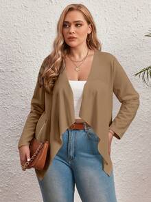 SHEIN LUNE Plus 1pc Solid Open Front Coat - Khaki - View 4