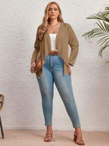 SHEIN LUNE Plus 1pc Solid Open Front Coat - Khaki - View 5