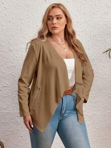 SHEIN LUNE Plus 1pc Solid Open Front Coat - Khaki - View 6