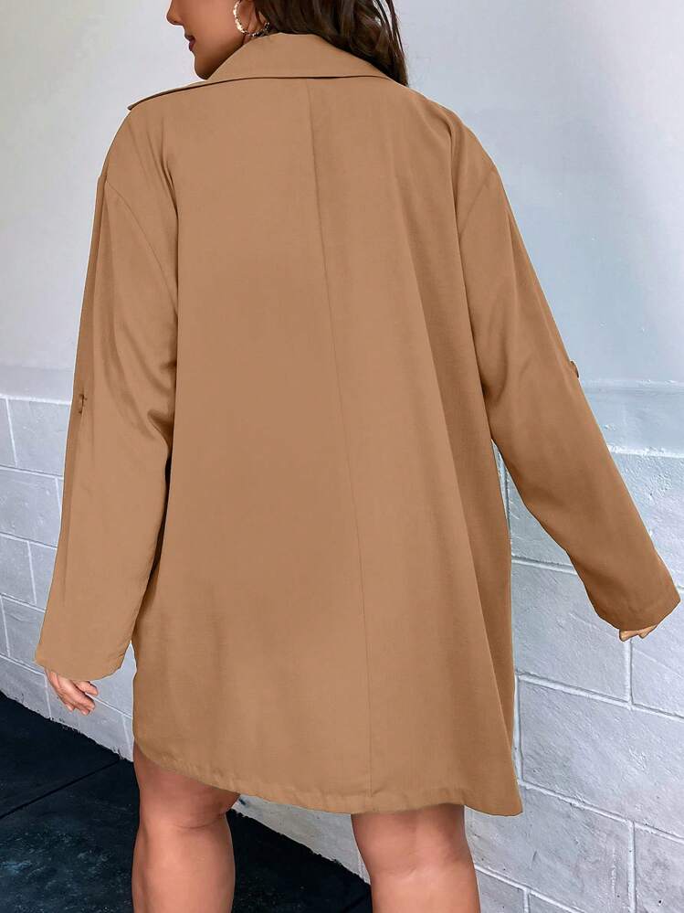 SHEIN Clasi Plus Roll Tab Sleeve Trench Coat - Camel - View 2