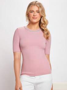 BizChic Pearls Detail Rib-knit Tee Workwear