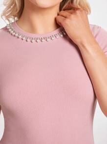 BizChic Pearls Detail Rib-knit Tee Workwear