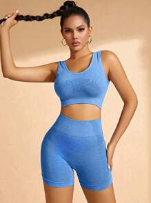 SHEIN Yoga Basic Seamless High Stretch Sports Bra With Biker Shorts - Blue - View 5