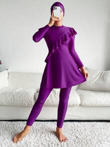 荷葉邊全罩式比基尼泳裝 - 紫色 - 查看 4