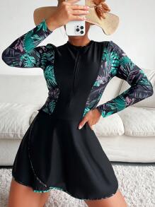 Swim Mulvari Summer Beach Tropical Print Zipper Front Tankini Top - Black - View 4