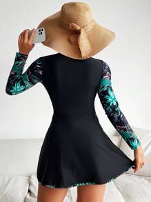 Swim Mulvari Summer Beach Tropical Print Zipper Front Tankini Top - Black - View 5