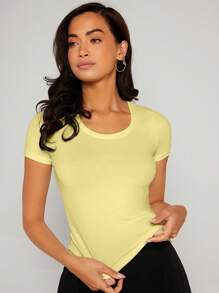 SHEIN BASICS Chất rắn Vòng cổ Áo thun - Màu vàng - Xem 1