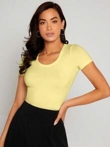SHEIN BASICS Chất rắn Vòng cổ Áo thun - Màu vàng - Xem 2