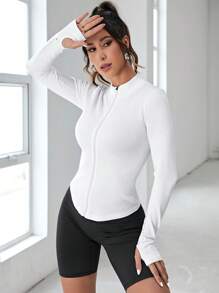 SHEIN Running Dây kéo Ngón tay cái Jacket thể thao - trắng - Xem 4