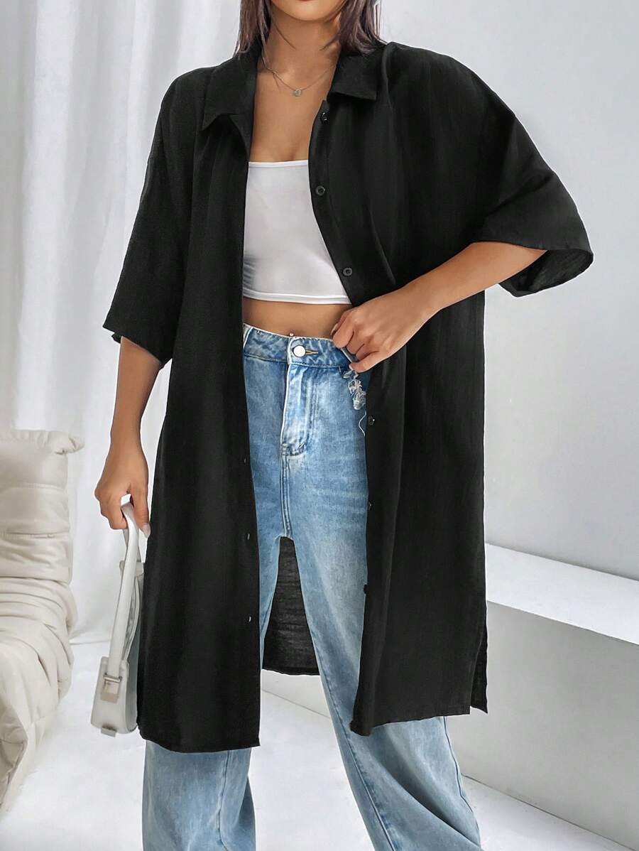 Muchica 素色落肩袖下擺開叉襯衫 - 黑色 - 查看 1