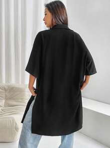 Muchica 素色落肩袖下擺開叉襯衫 - 黑色 - 查看 2