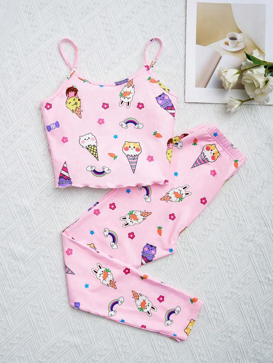 SHEIN Leap Crew Tween Girl Cartoon Graphic Cami Top & Pants Snug Fit PJ Set - Pink - View 1
