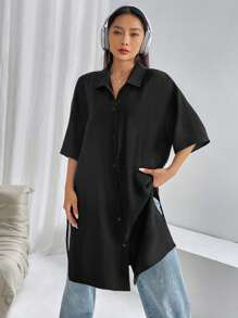 Muchica 素色落肩袖下擺開叉襯衫 - 黑色 - 查看 6