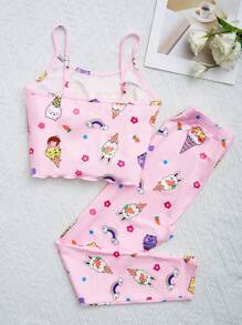 SHEIN Leap Crew Tween Girl Cartoon Graphic Cami Top & Pants Snug Fit PJ Set - Pink - View 2