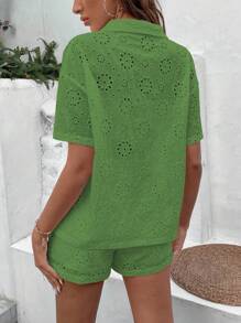 SHEIN VCAY 網眼刺繡落肩袖襯衫和短褲 - 綠色 - 查看 2